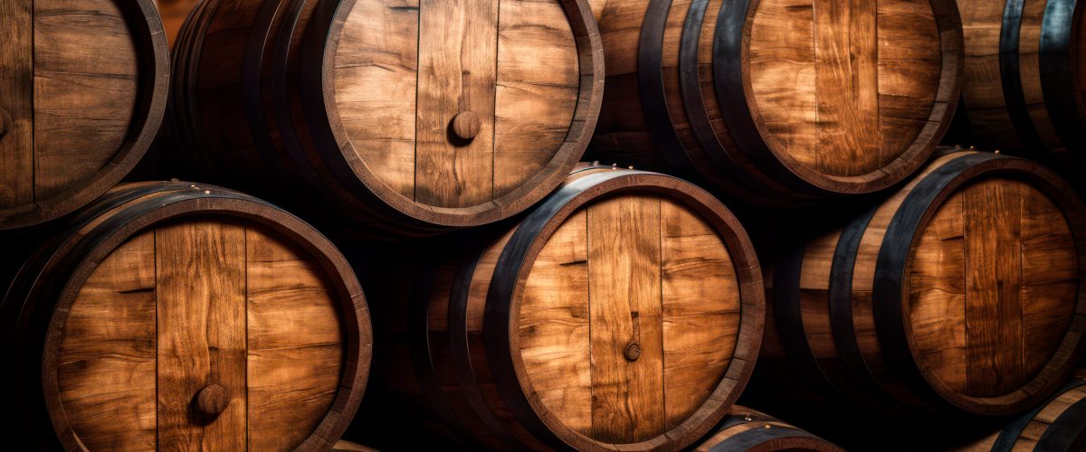 realistic-image-wooden-barrels-stacked-warehouse